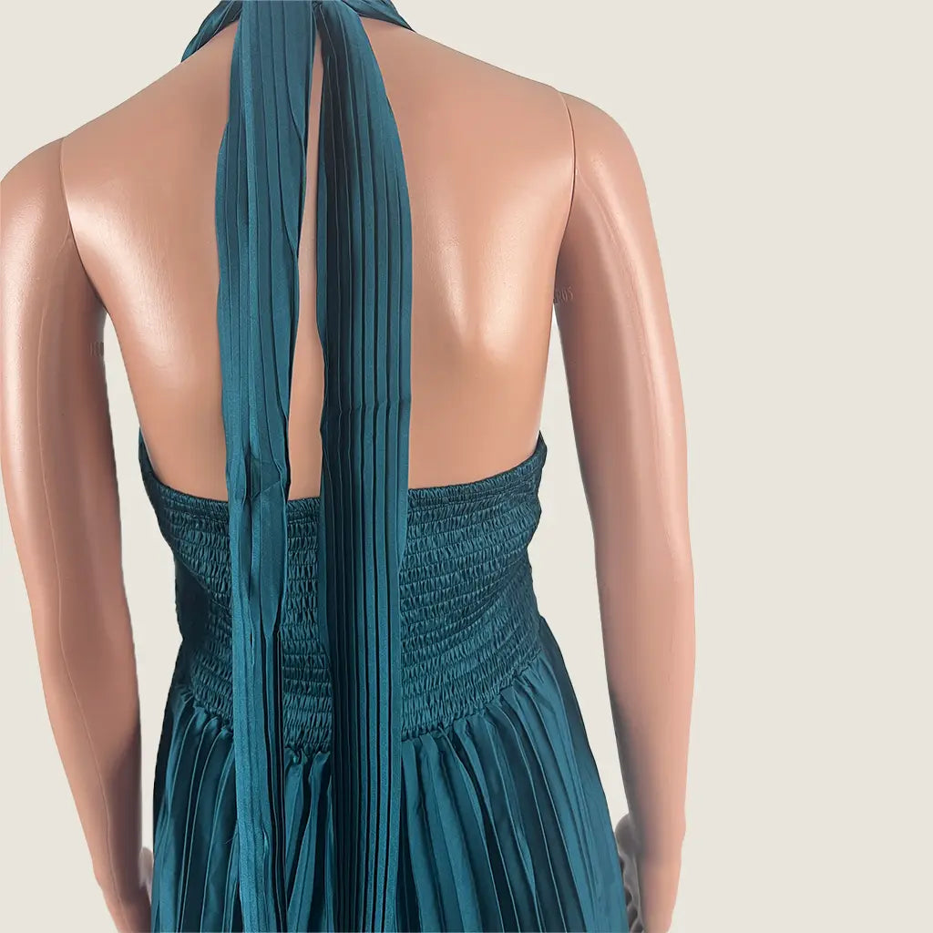 Open Back View of the Divine Avenue Pleated Evening Maxi Dress in Emerald