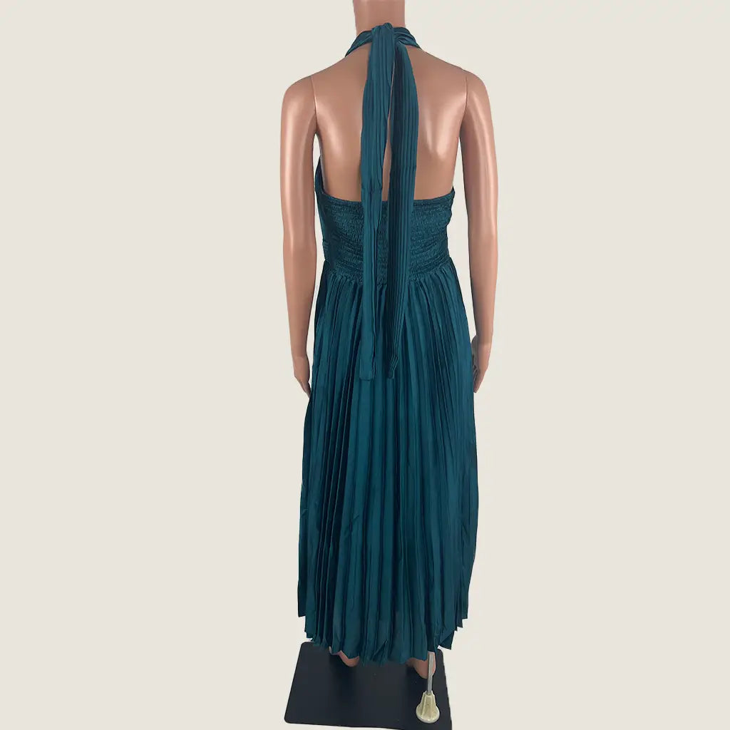 Back View of the Divine Avenue Pleated Evening Maxi Dress in Emerald