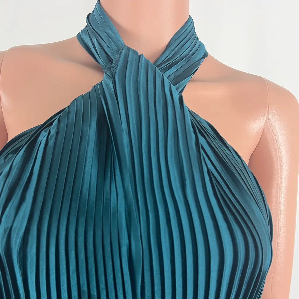 Front Detail View of the Divine Avenue Pleated Evening Maxi Dress in Emerald