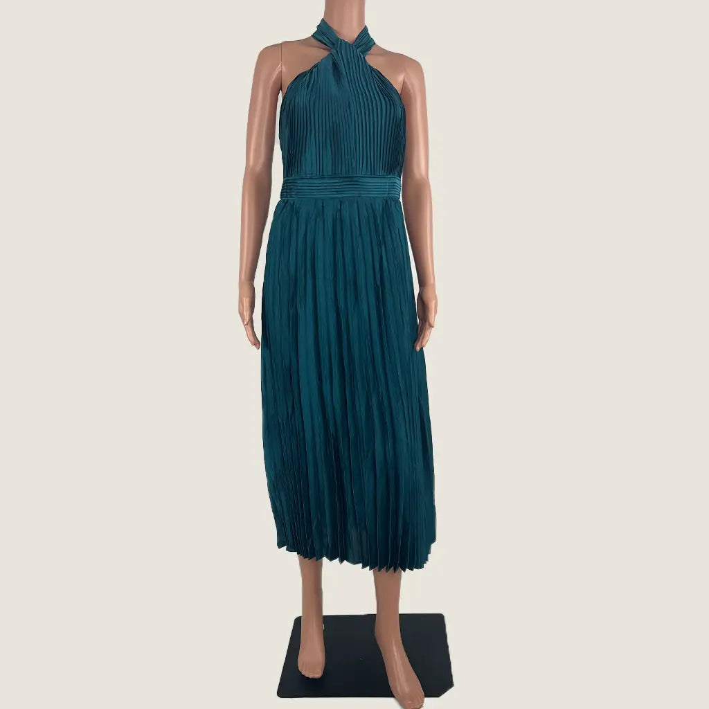 Front View of the Divine Avenue Pleated Evening Maxi Dress in Emerald