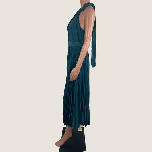 Side View of the Divine Avenue Pleated Evening Maxi Dress in Emerald