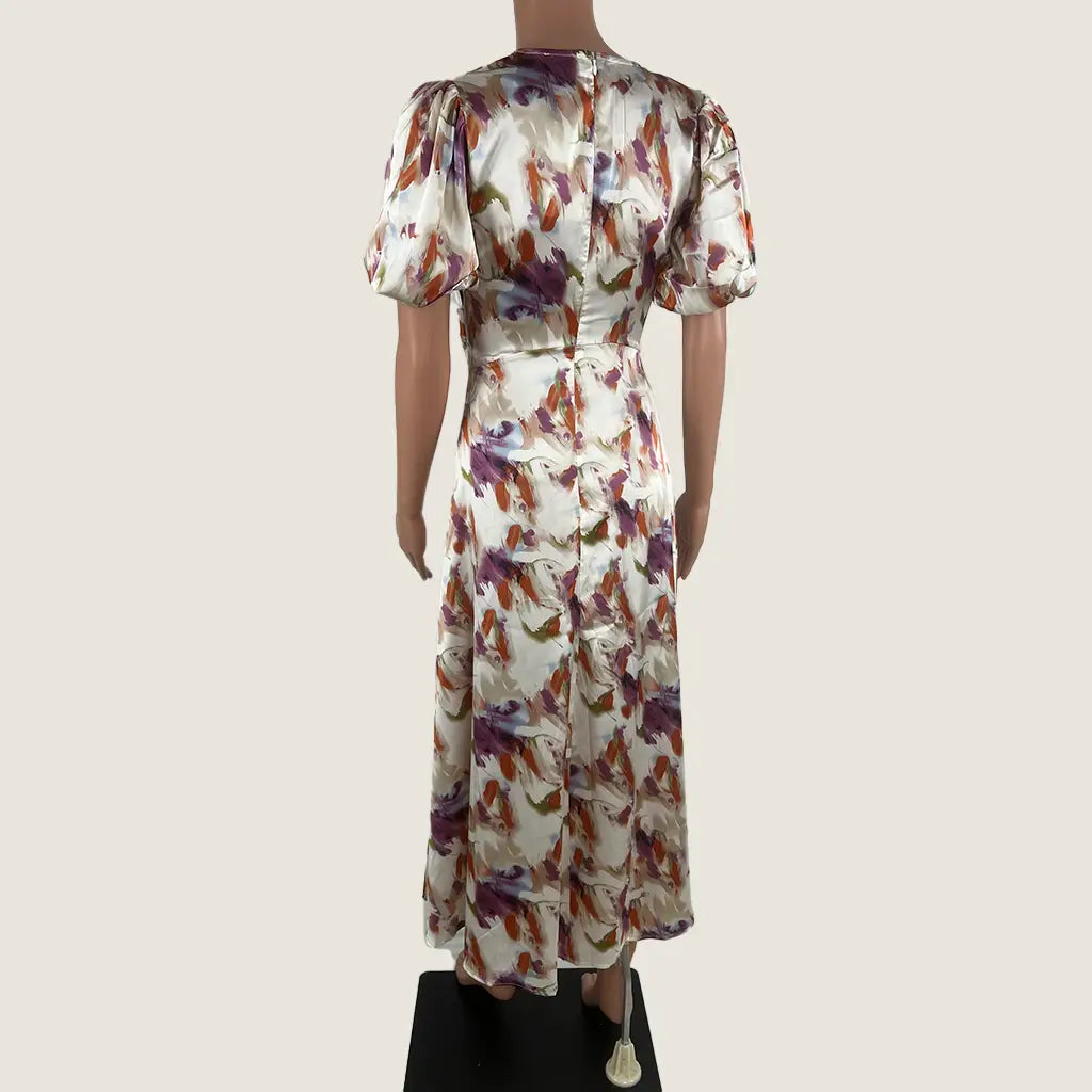 Back View of the Divine Avenue Midi Abstract Print With Front Cut Out Dress