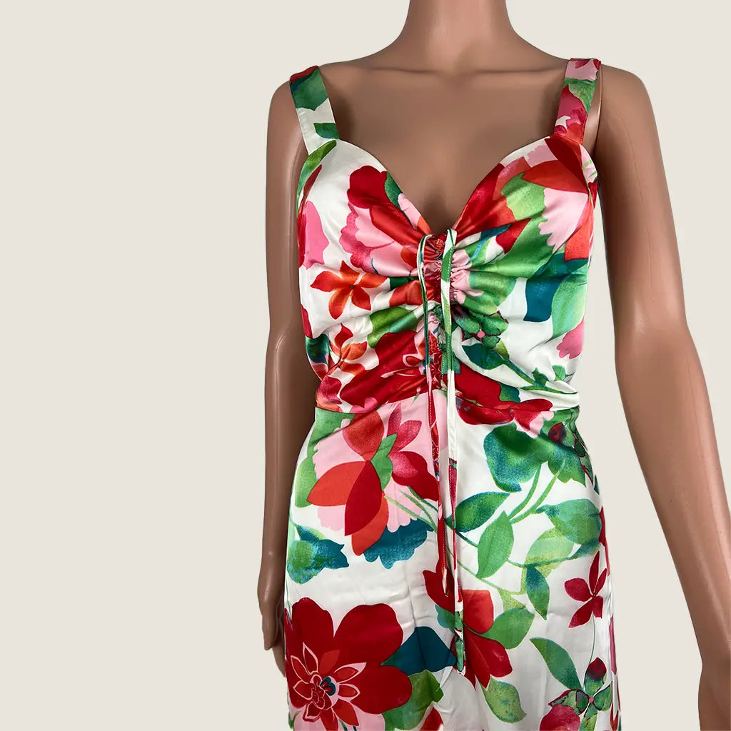 Front Detail View of the Divine Avenue Midi Marigold Floral Dress Front Cut Out