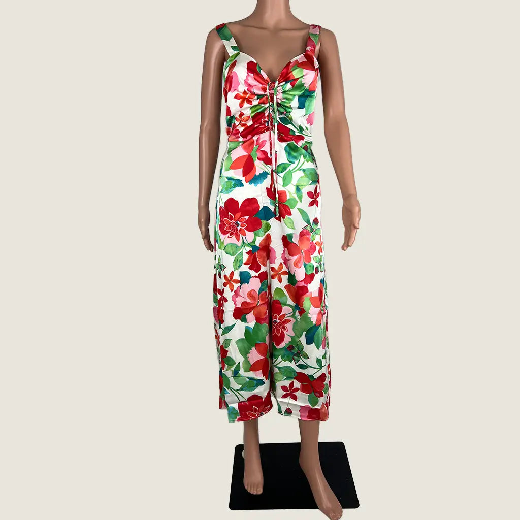 Front View of the Divine Avenue Midi Marigold Floral Dress Front Cut Out