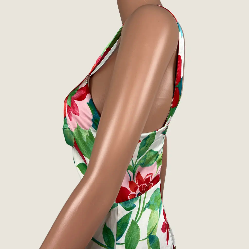 Side Detail View of the Divine Avenue Midi Marigold Floral Dress Front Cut Out
