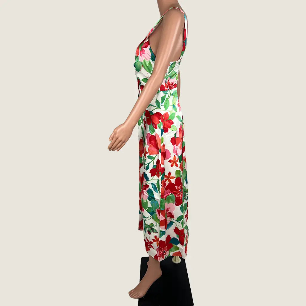 Side View of the Divine Avenue Midi Marigold Floral Dress Front Cut Out