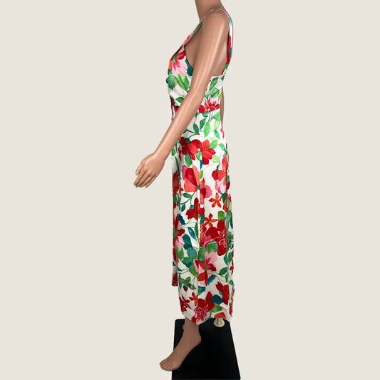 Side View of the Divine Avenue Midi Marigold Floral Dress Front Cut Out