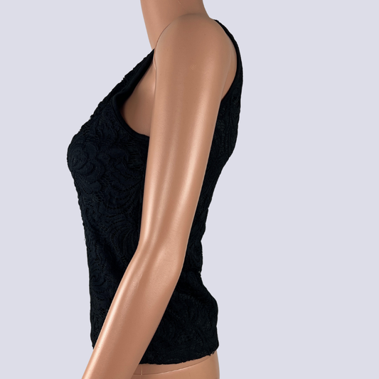 Side detail view of the Dotti black lace top