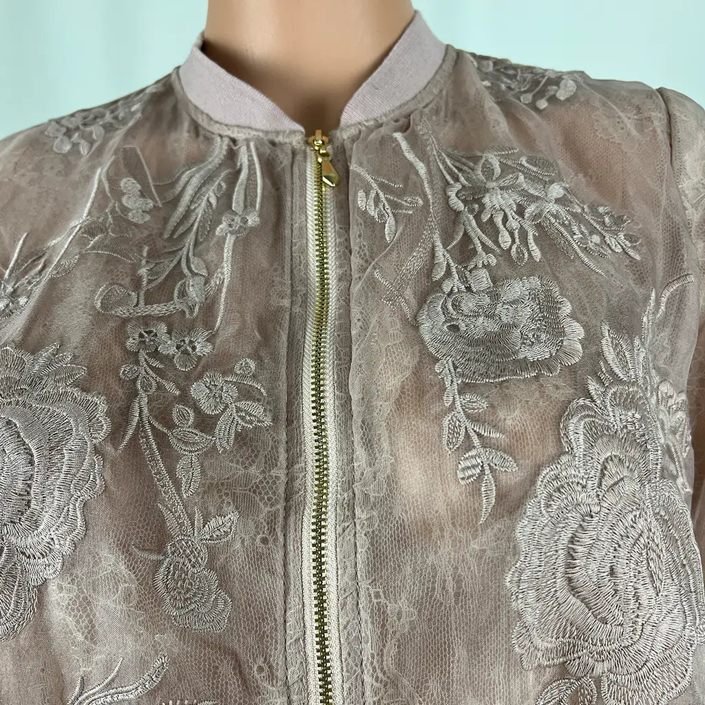 Front Detail view of the Eileen Pink Sheer Floral Embroidered Jacket