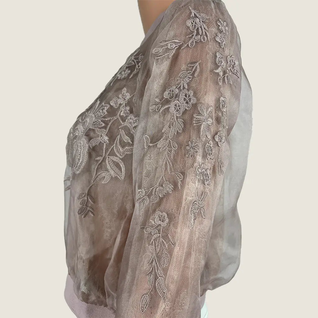 Side Detail view of the Eileen Pink Sheer Floral Embroidered Jacket