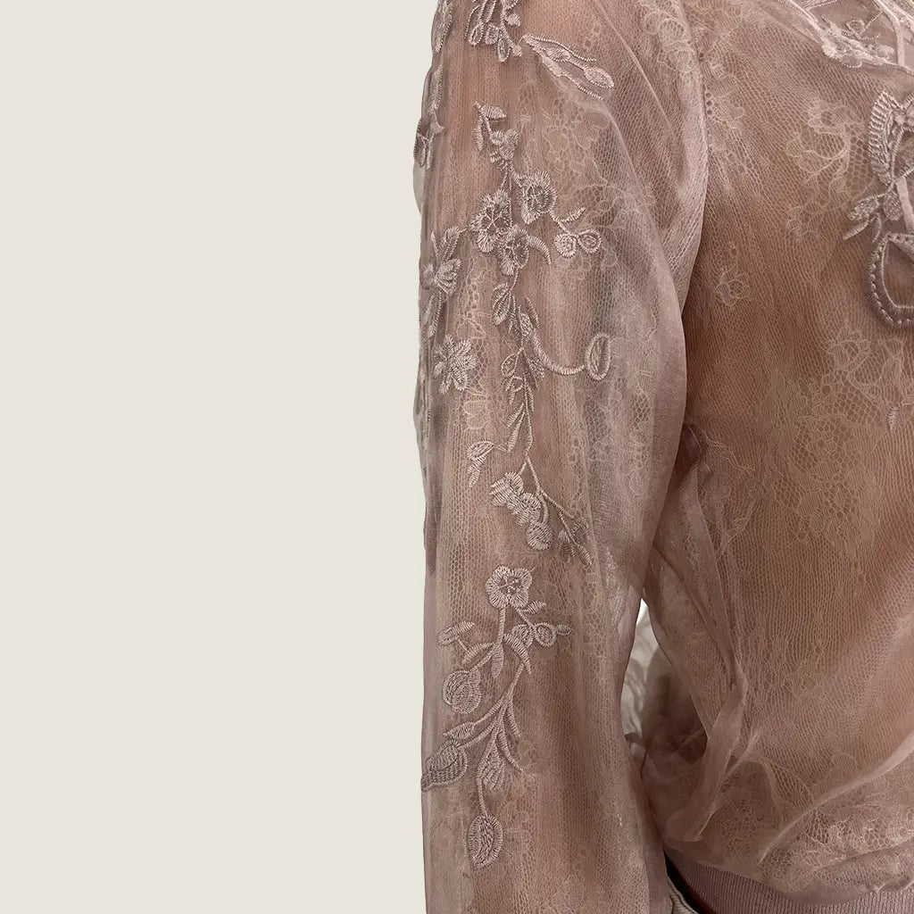 Sleeve view of the Eileen Pink Sheer Floral Embroidered Jacket