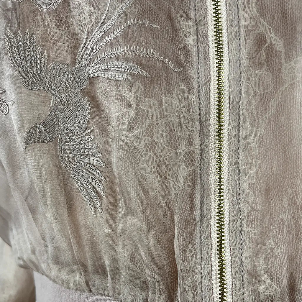 Fabric detail view of the Eileen Pink Sheer Floral Embroidered Jacket