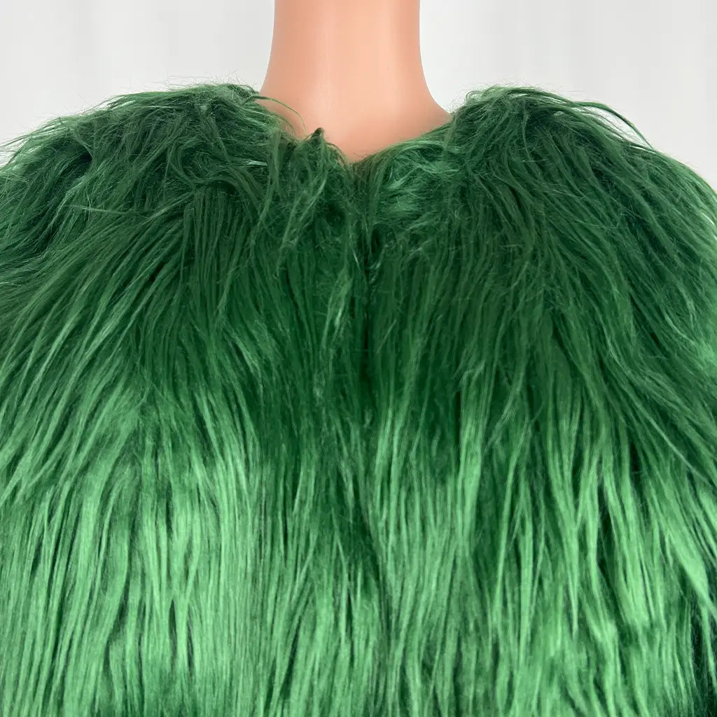 Front Detail View of the Eilly Bazar Short Faux Fur Jacket in Green