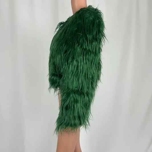 Side View of the Eilly Bazar Short Faux Fur Jacket in Green