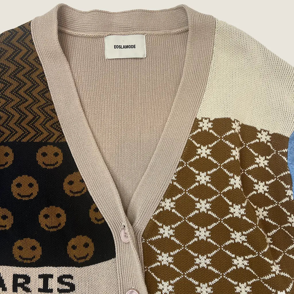 Collar Detail View of the Eos La Mode Patch Work Cardigan