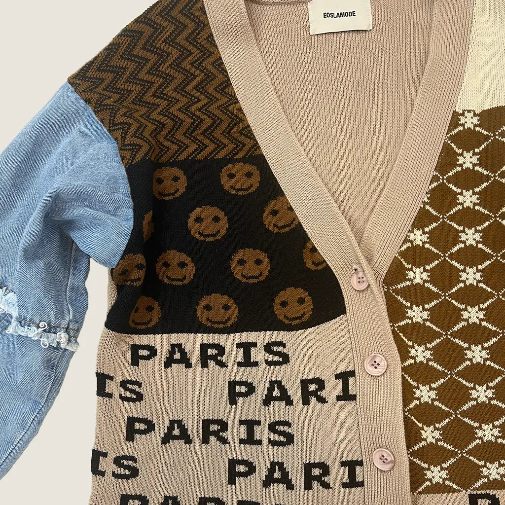 Front Detail View of the Eos La Mode Patch Work Cardigan