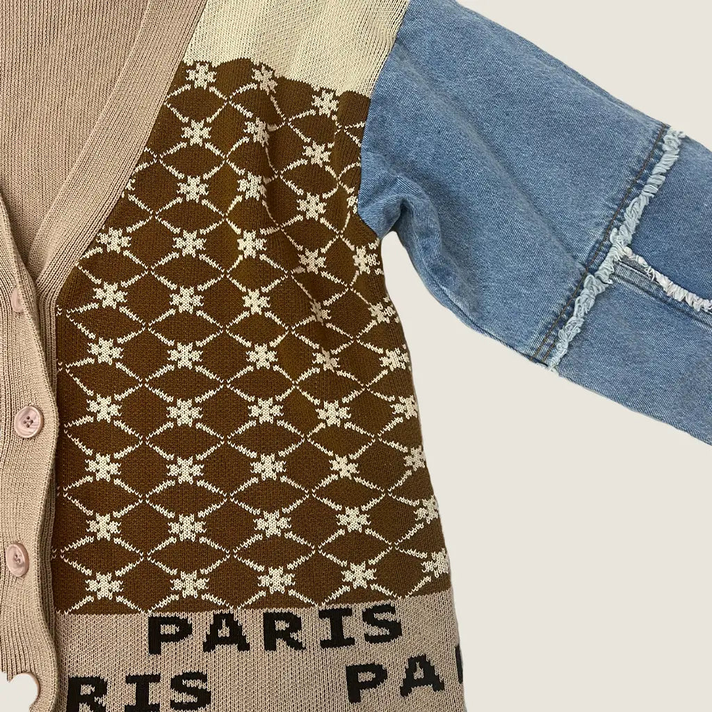 Front Detail View of the Eos La Mode Patch Work Cardigan
