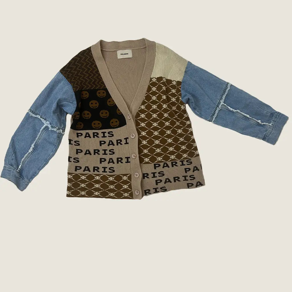 Front View of the Eos La Mode Patch Work Cardigan