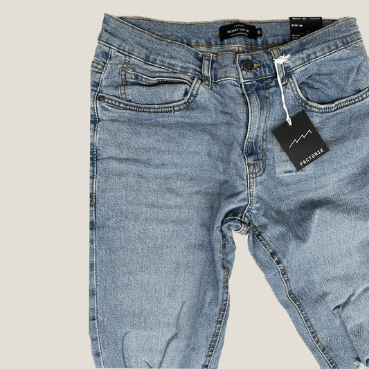 Mens Factorie Skinny Leg Fit Blue Denim Jeans Front Detail