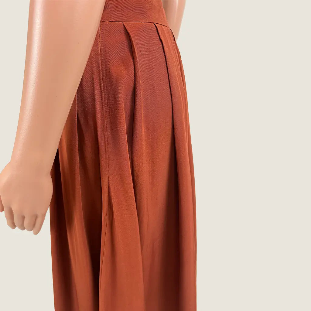 Side Detail View of the Forcast Annalia Pleated Tan Skirt