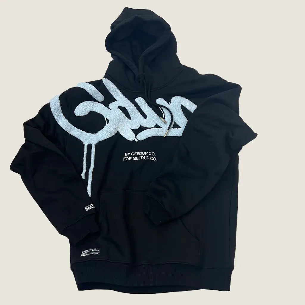 Front View of the Geedup Co Handstyle Hoodie | Black/Baby Blue