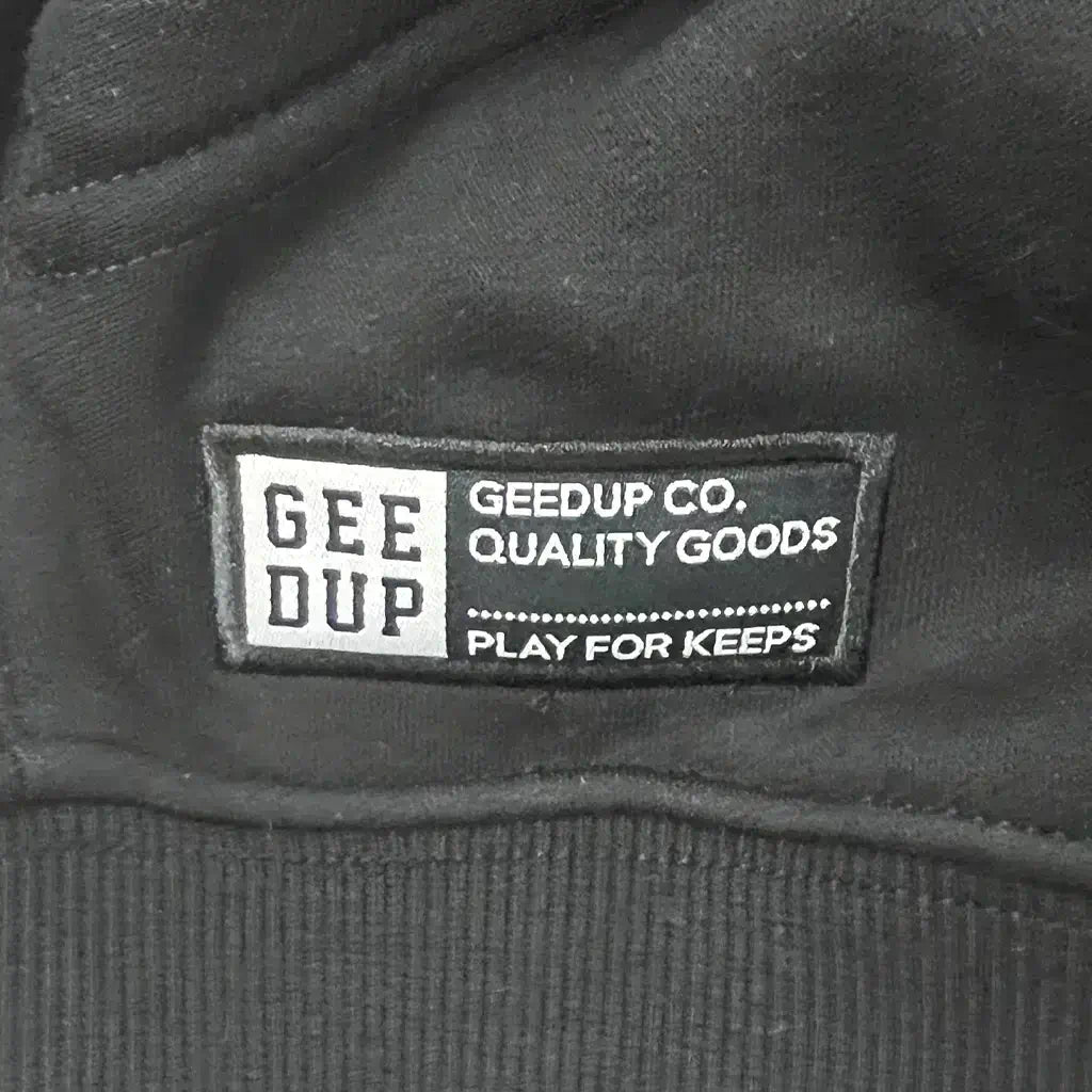 Logo Detail of the Geedup Co Handstyle Hoodie | Black/Baby Blue