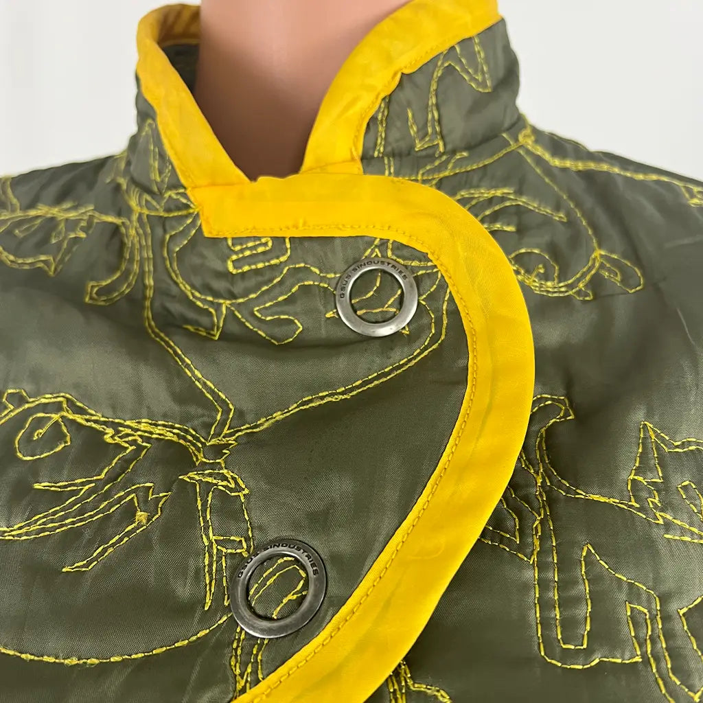 Front Collar Detail View of the Gsus Sindustries Woman's Fitted Quilted Jacket Patched