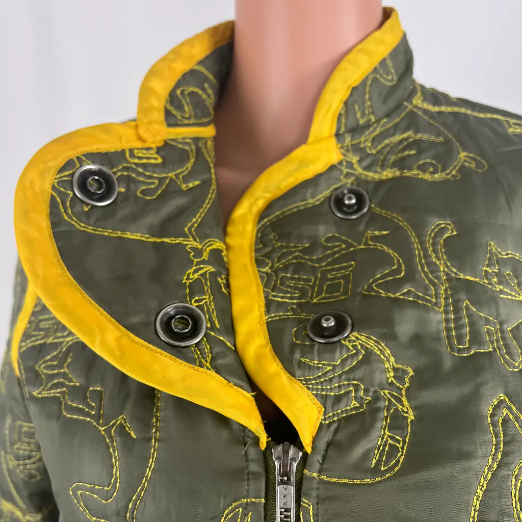 Front Open Collar View of the Gsus Sindustries Woman's Fitted Quilted Jacket Patched