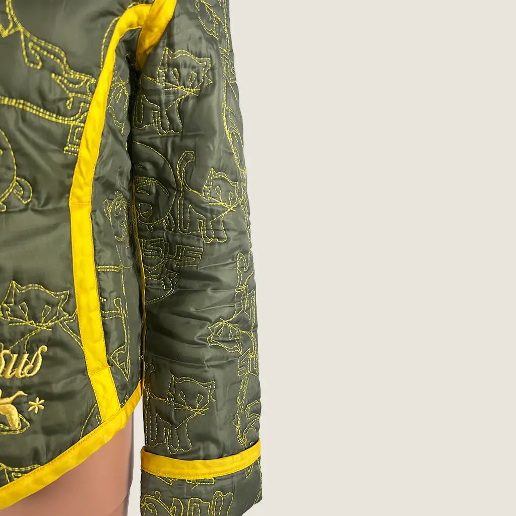 Front Side View of the Gsus Sindustries Woman's Fitted Quilted Jacket Patched