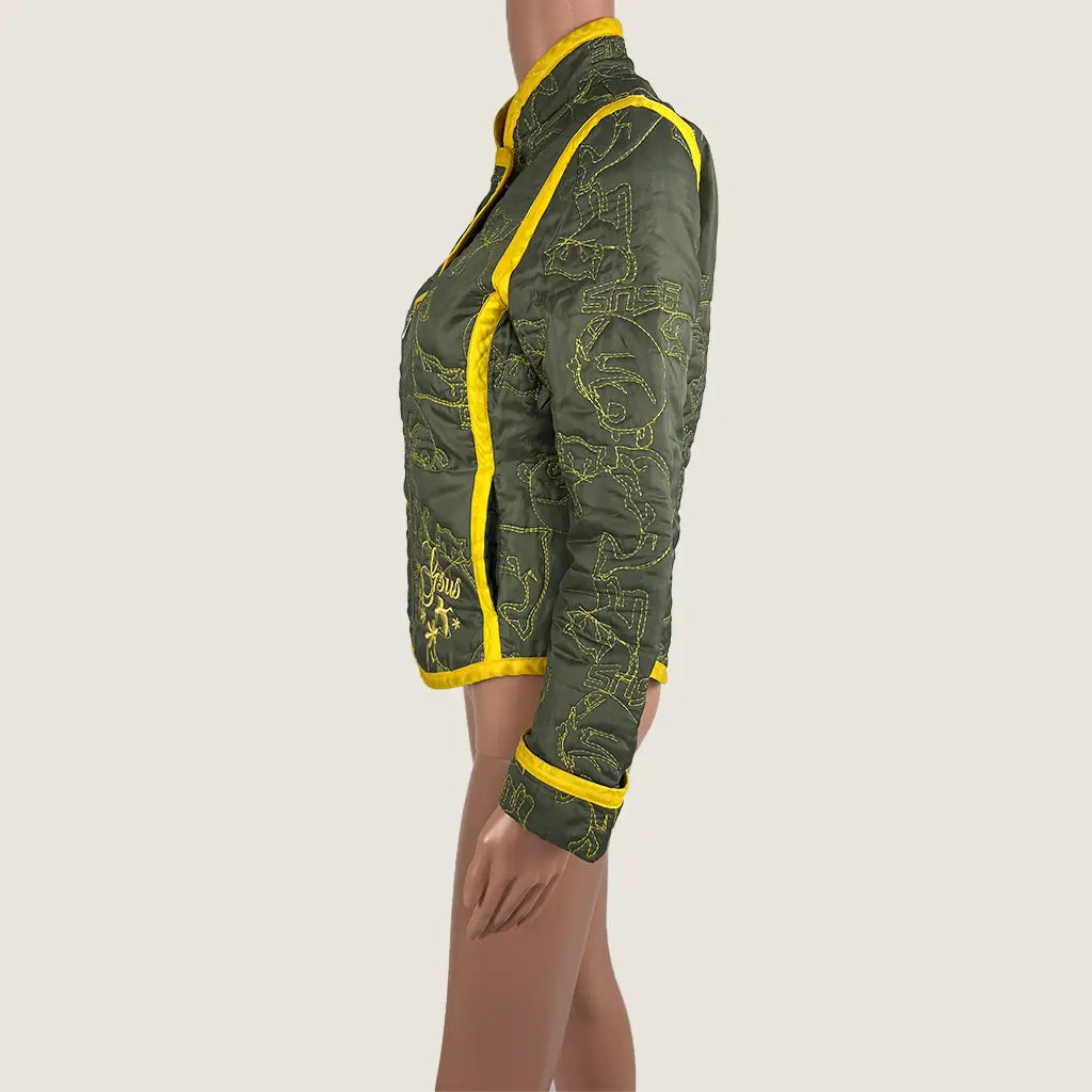 Side View of the Gsus Sindustries Woman's Fitted Quilted Jacket Patched