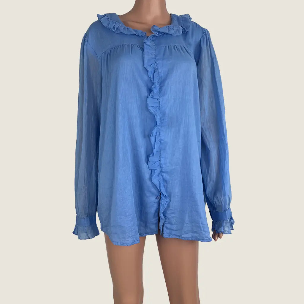 Front View of the Blue Holiday Buccaneer Long Sleeve Shirt