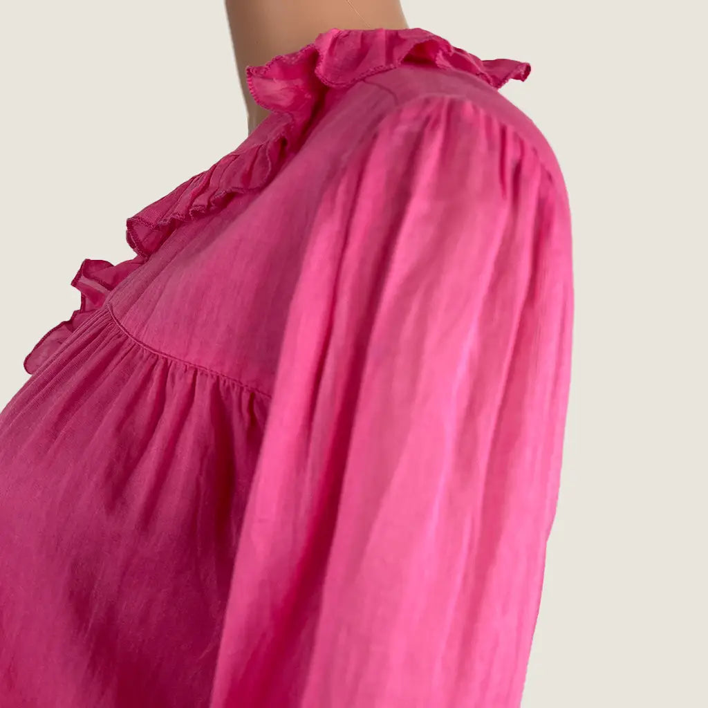 Side Detail View of the Pink Holiday Buccaneer Long Sleeve Shirt