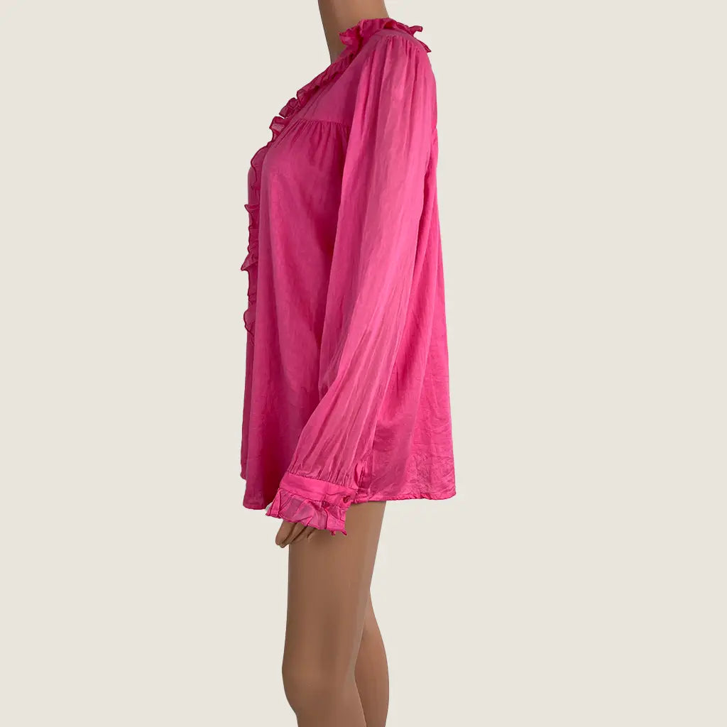 Side View of the Pink Holiday Buccaneer Long Sleeve Shirt