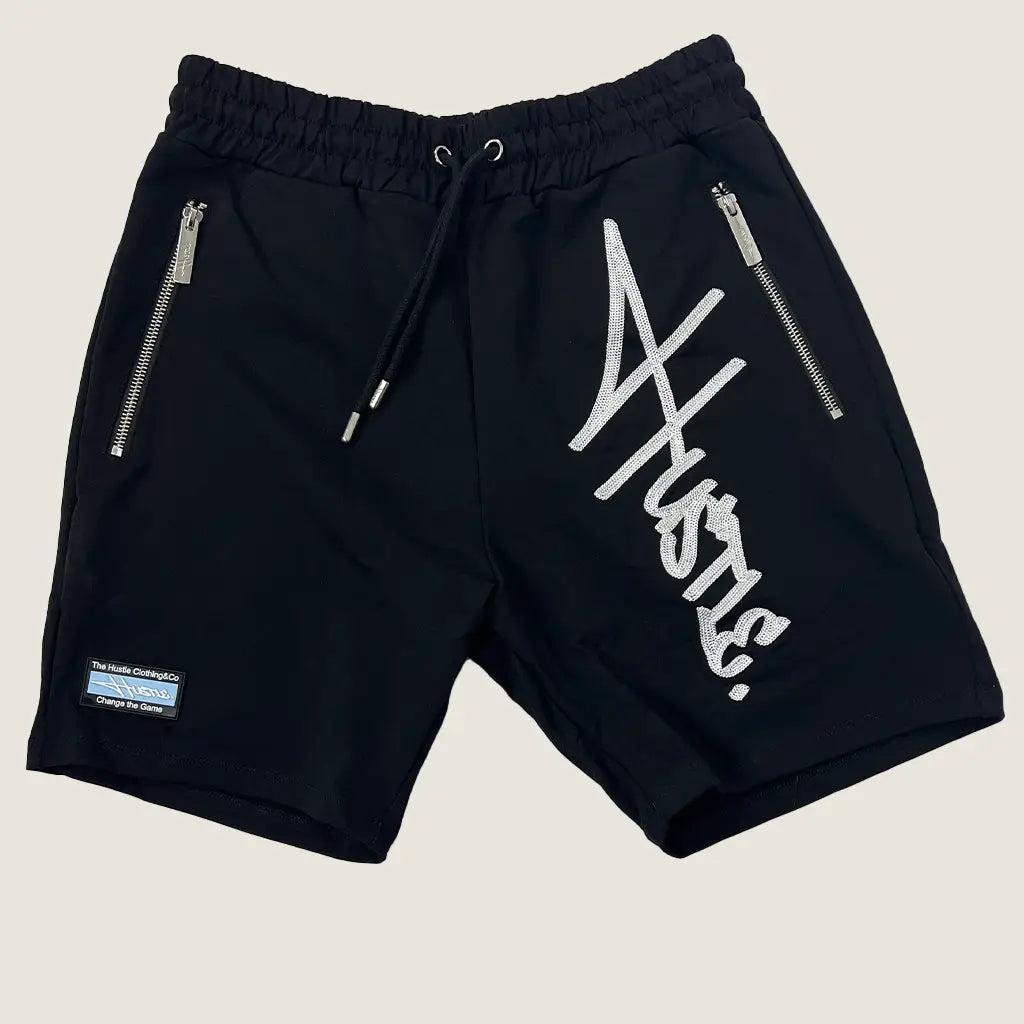 Front View of the The Hustle Clothing & Co. Black Script Logo Shorts