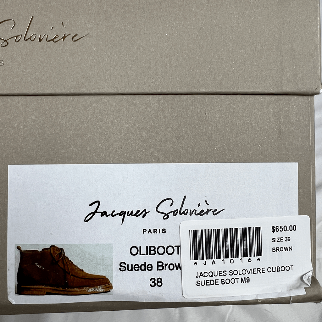 Close up view of the box of the Jacques Soloviere Oliboot Suede Boot