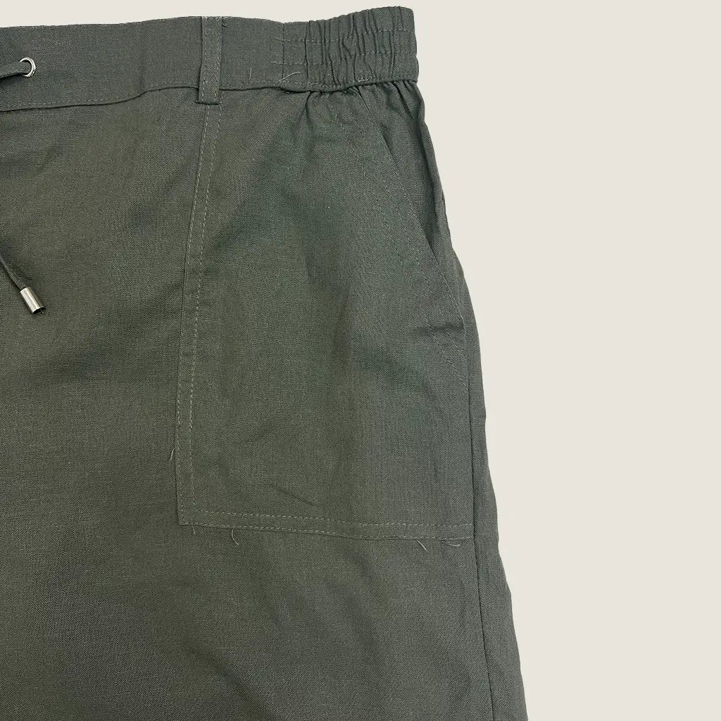 Side Detail View of the Katies Linen Blend Tie Front Khaki Short