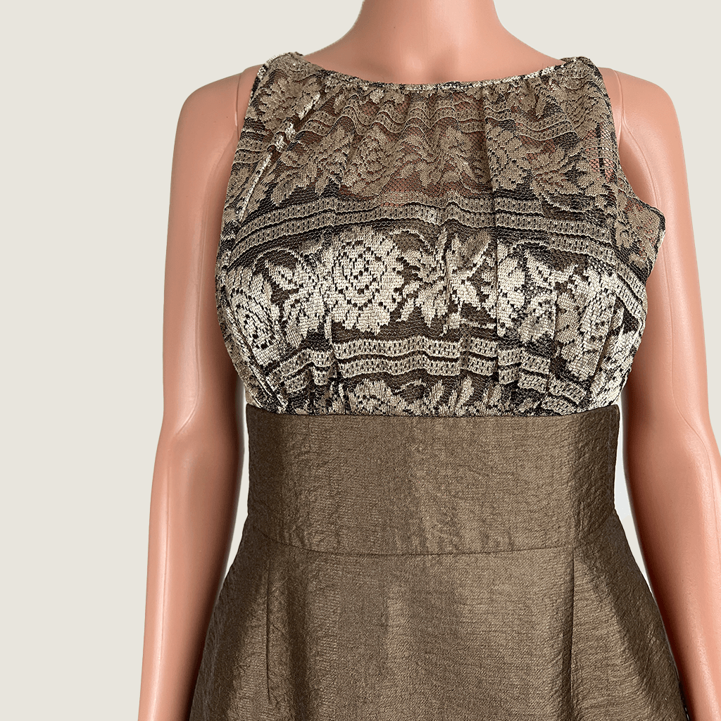 Front close up view of the Kay Unger New York Bronze Dress