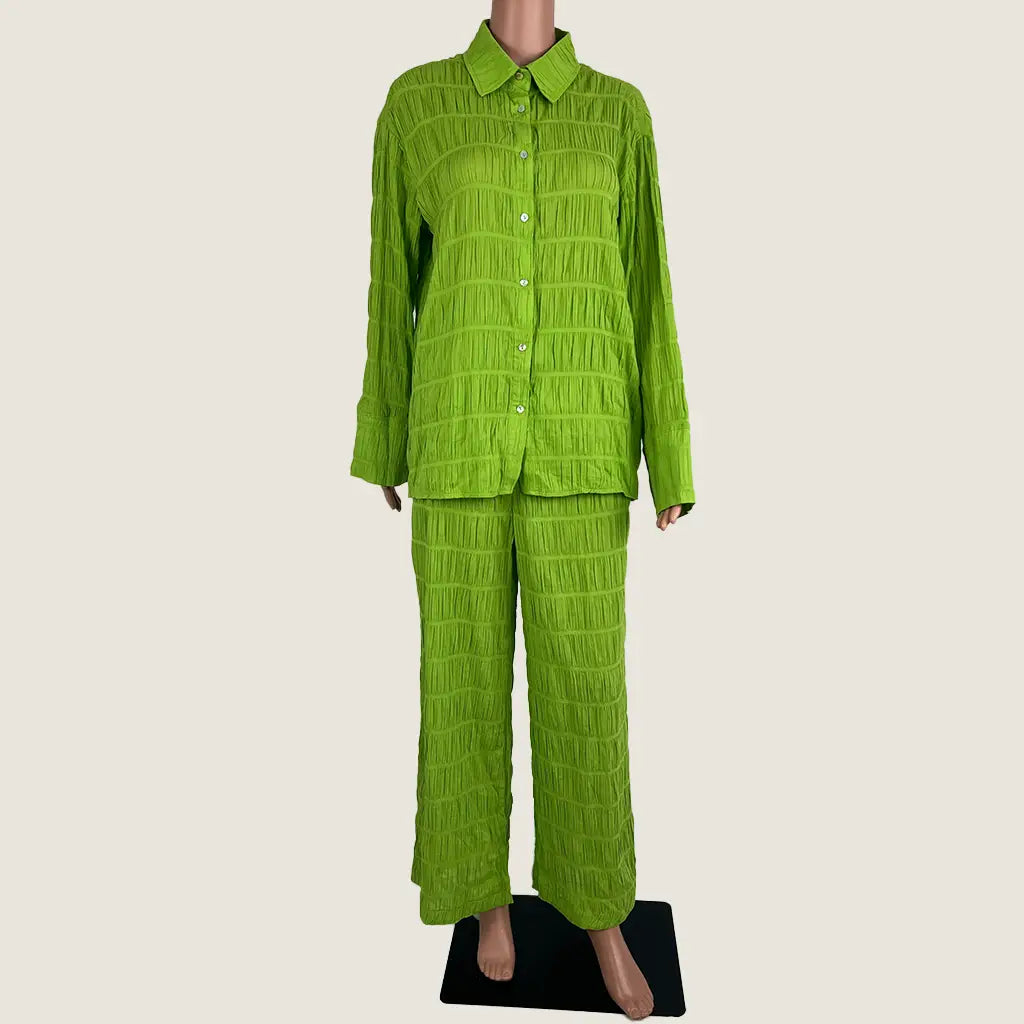 Front View of the Little Lies Cotton Green Blouse and Pant Set