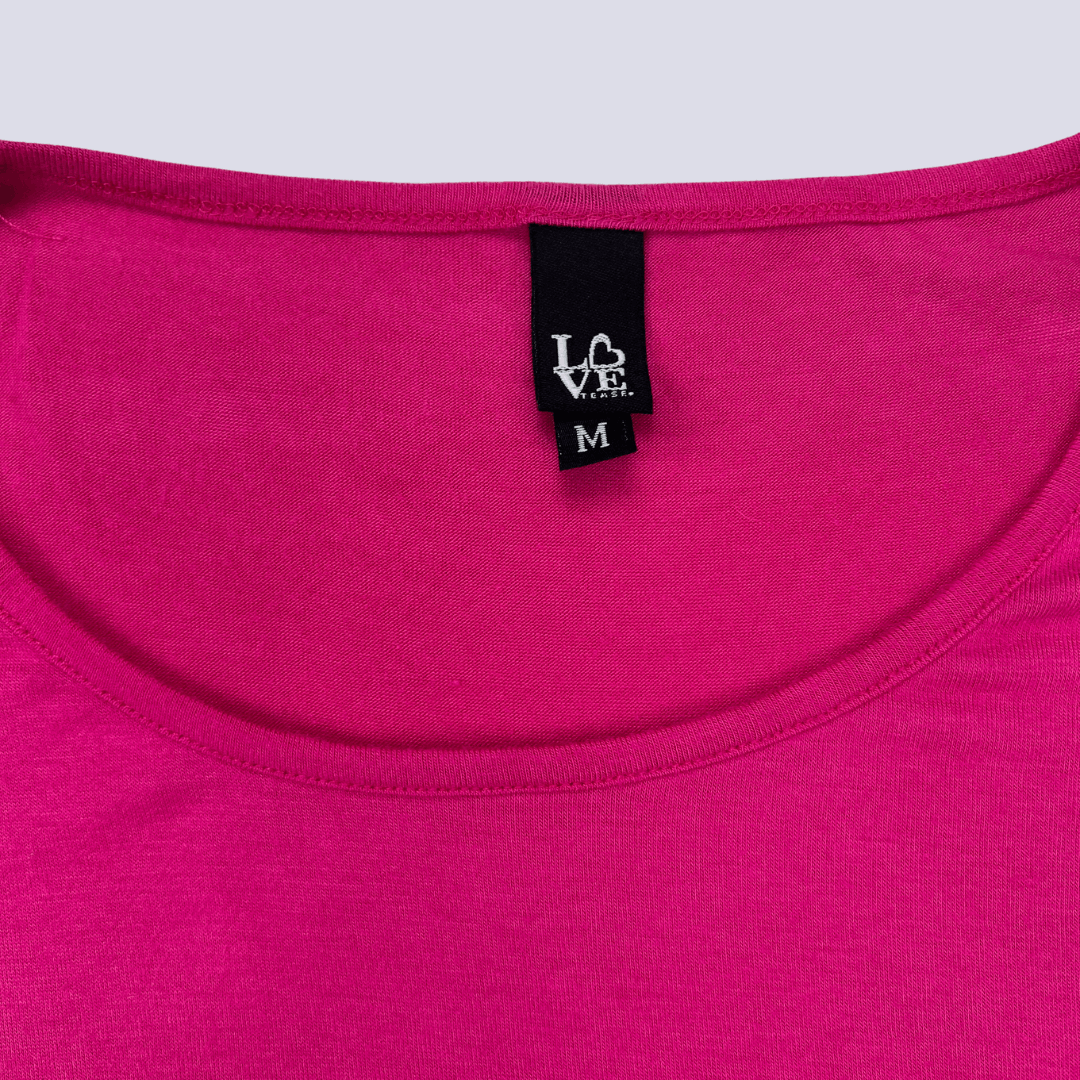 Front neck line detail view of the Love Hot Pink T-Shirt