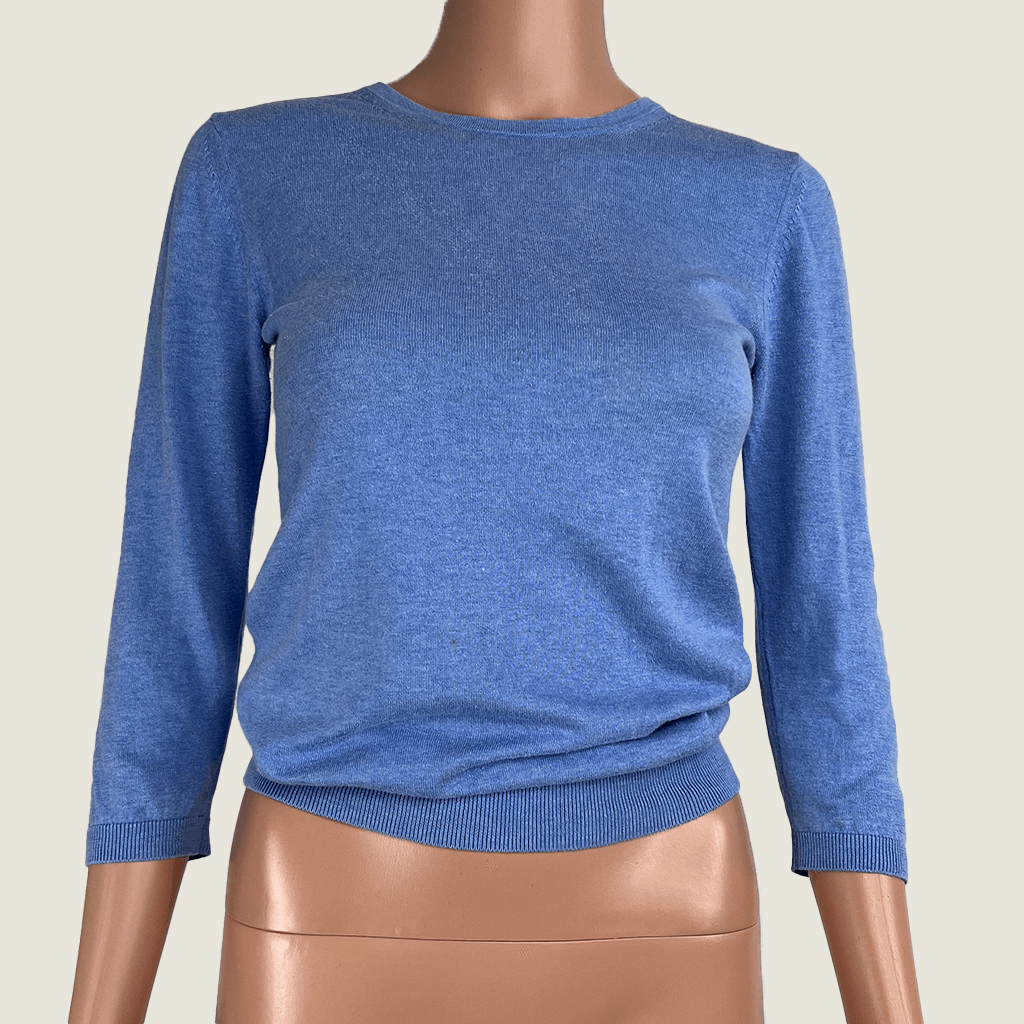 Front view of Marcs Light Weight Baby Blue Sweater with 3 quarter sleeves