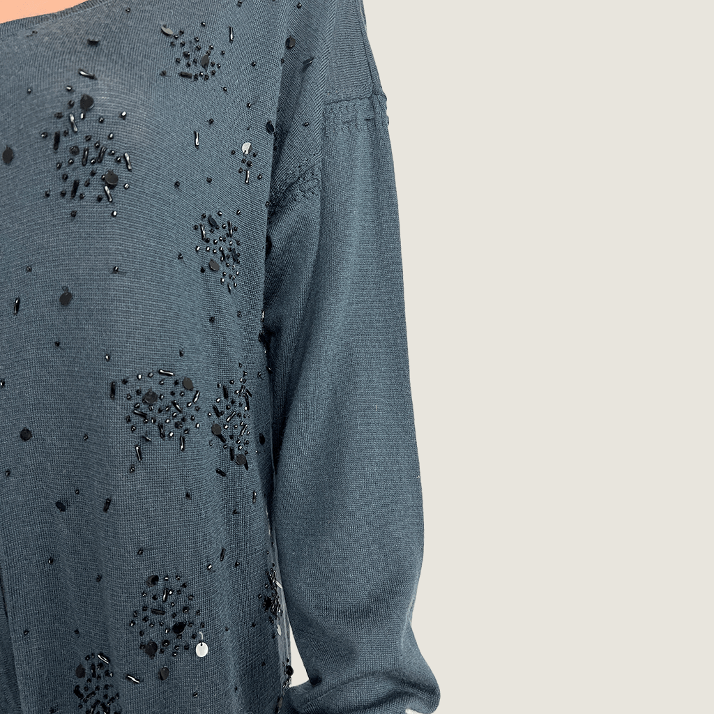 Front Side view Megan Park wool long-line cardigan