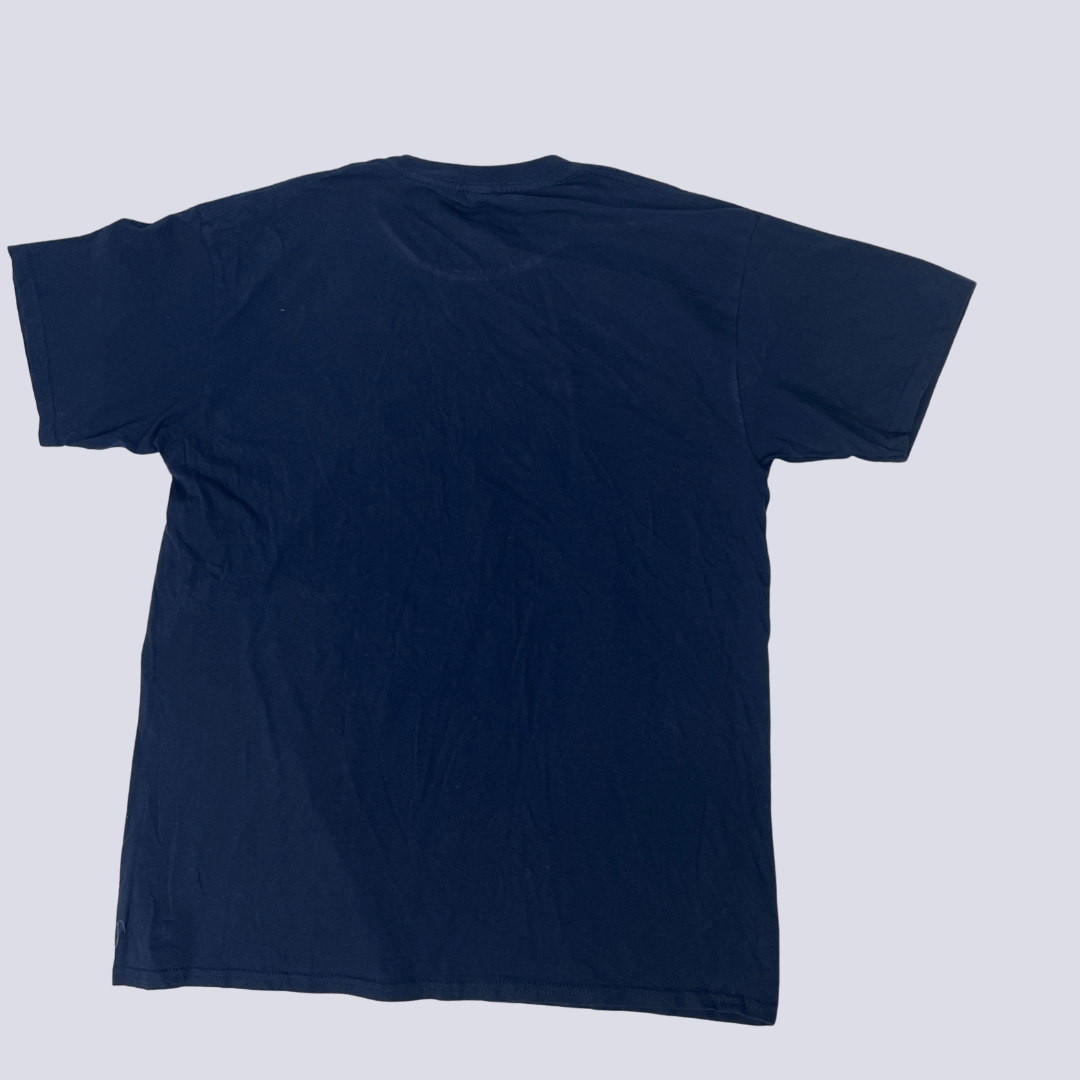 Back view of a men's t-shirt with space graphic