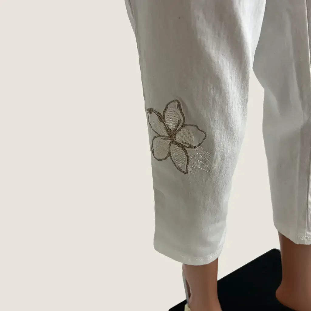 Front Hem View of the Millers Club Tropicana Wall Story Embellished Jean