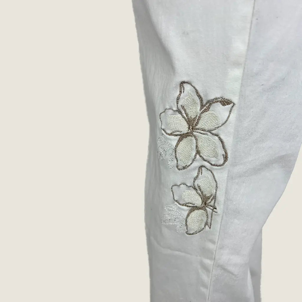Side Detail View of the Millers Club Tropicana Wall Story Embellished Jean