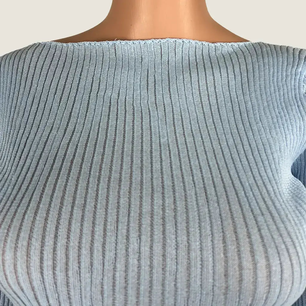Front Collar Detail View on the Minima Scout Ribbed Knit Top