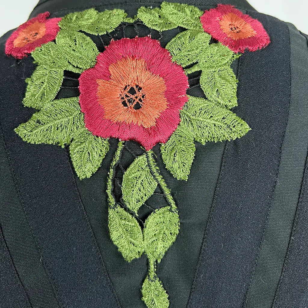 Back stitch detail view of the Miss Mano Black Embroidered Floral