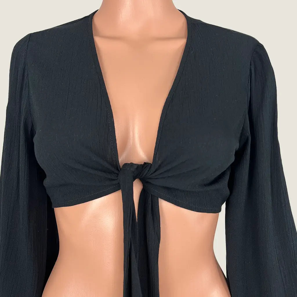 Front Detail View of the Missguided Petite Woven Top Tie Front Flared Sleeve