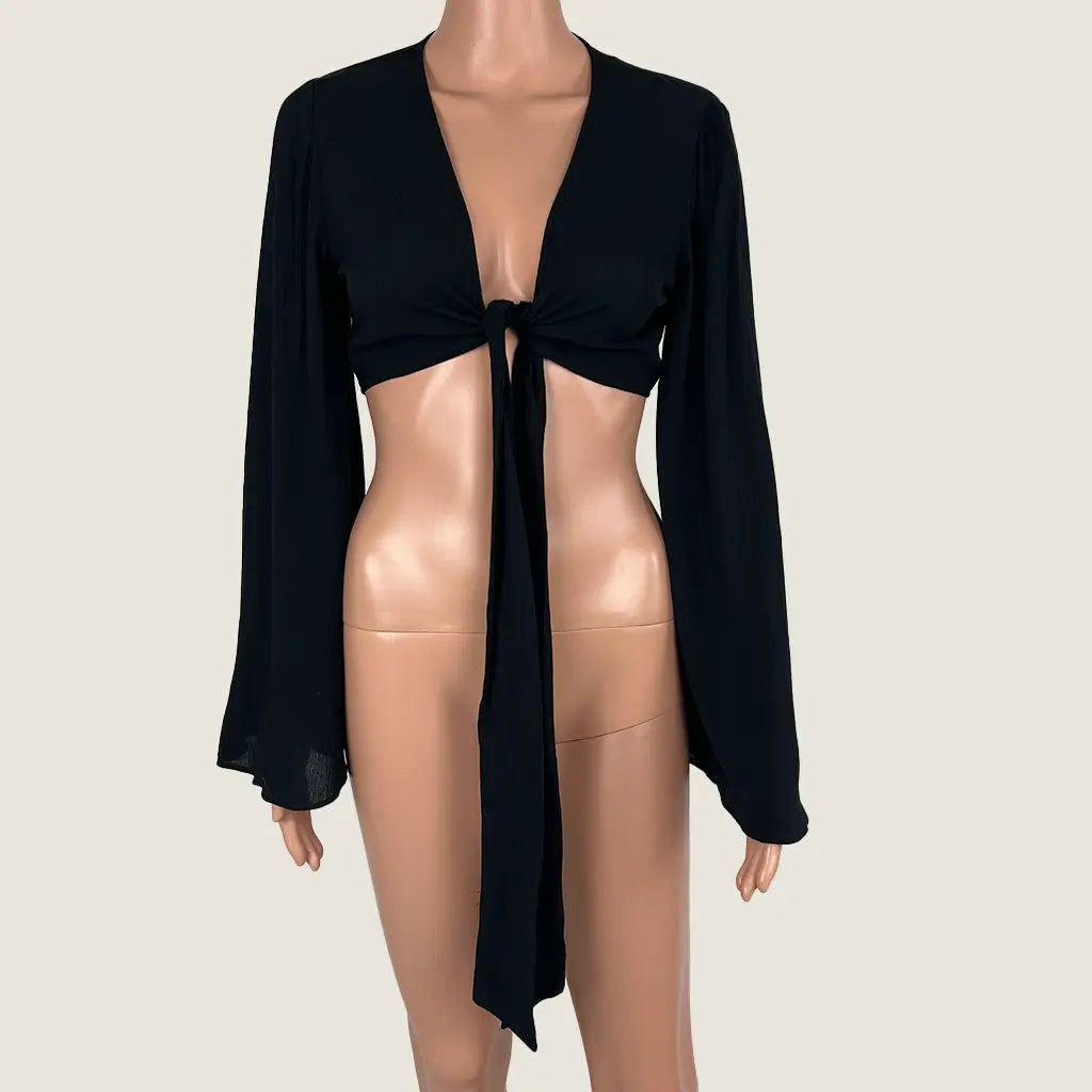 Front View of the Missguided Petite Woven Top Tie Front Flared Sleeve
