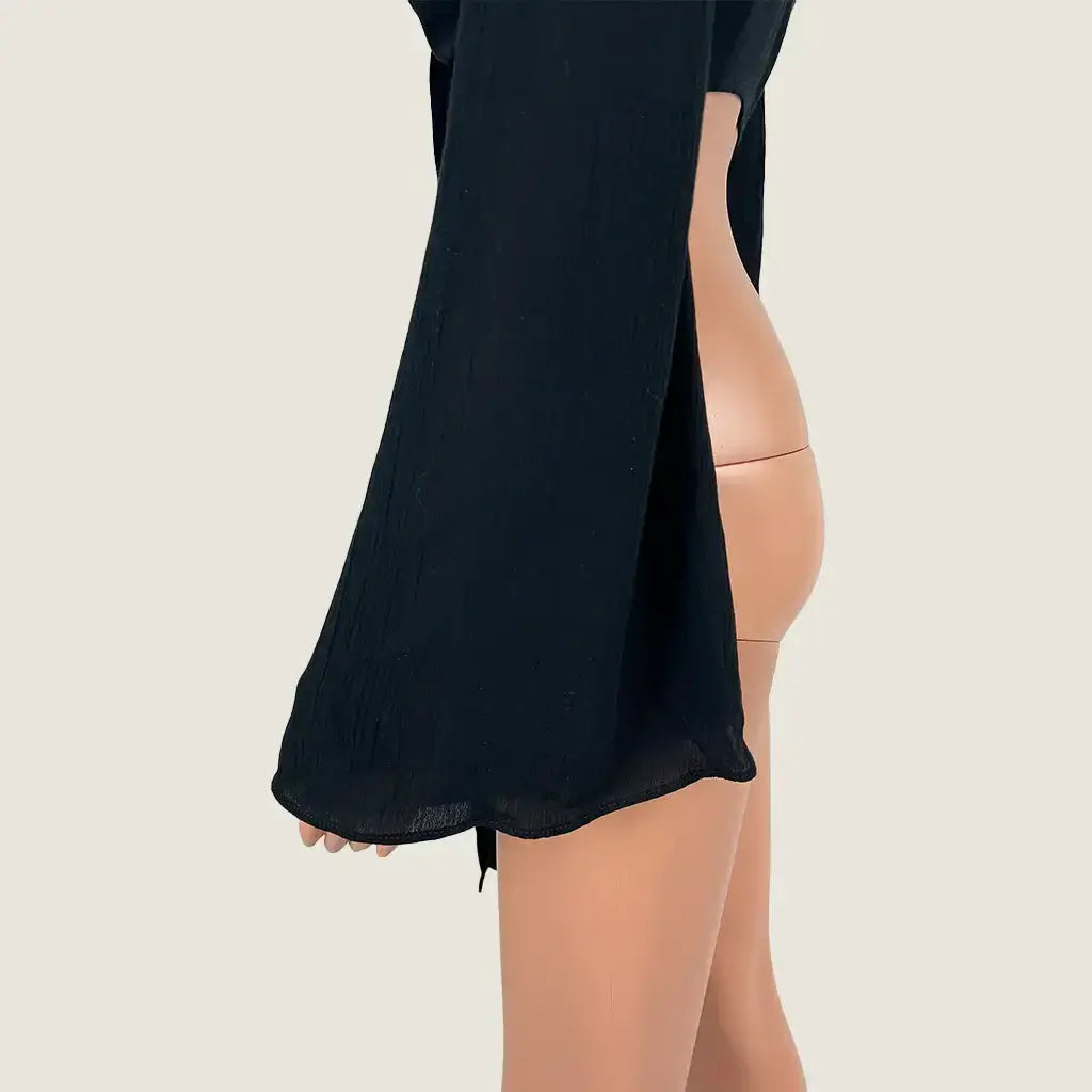 Side Detail View of the Missguided Petite Woven Top Tie Front Flared Sleeve