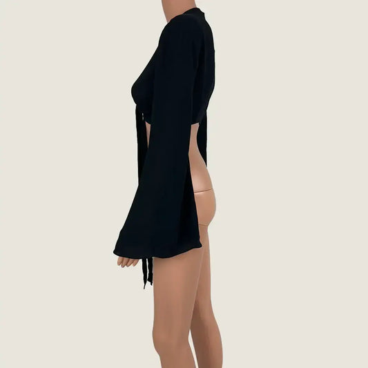 Side View of the Missguided Petite Woven Top Tie Front Flared Sleeve